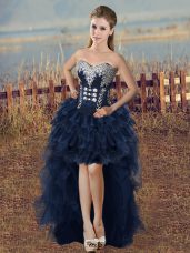 Glittering Navy Blue A-line Organza Sweetheart Sleeveless Beading and Ruffled Layers High Low Lace Up Prom Gown