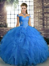 Discount Floor Length Blue Vestidos de Quinceanera Tulle Sleeveless Beading and Ruffles