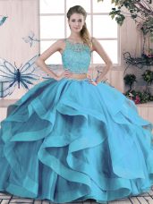 Super Scoop Sleeveless Vestidos de Quinceanera Floor Length Beading and Ruffles Blue Tulle