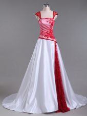 Edgy White And Red Strapless Lace Up Lace and Appliques Celebrity Style Dress Court Train Cap Sleeves