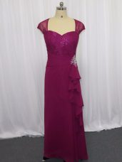Sweetheart Cap Sleeves Dress for Prom Floor Length Beading and Lace and Appliques Fuchsia Chiffon