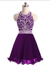 Eggplant Purple Lace Up Halter Top Beading Dress for Prom Chiffon Sleeveless