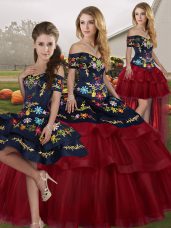 Sexy Wine Red Lace Up Off The Shoulder Embroidery and Ruffled Layers Quinceanera Dresses Tulle Sleeveless Brush Train