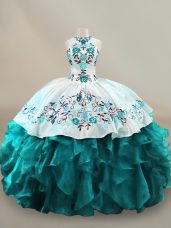 Fine Halter Top Sleeveless Lace Up Sweet 16 Dresses Teal Organza