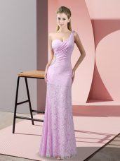 Fantastic Column/Sheath Lilac One Shoulder Lace Sleeveless Floor Length Criss Cross