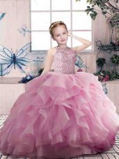 Eye-catching Pink Ball Gowns Organza Scoop Sleeveless Beading and Ruffles Floor Length Zipper Kids Pageant Dress