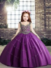 High Quality Purple Ball Gowns Straps Sleeveless Tulle Floor Length Lace Up Beading Little Girl Pageant Dress