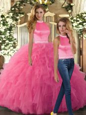 Hot Pink Halter Top Neckline Beading and Ruffles Quinceanera Gowns Sleeveless Backless