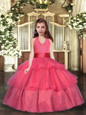 Dramatic Floor Length Coral Red Little Girl Pageant Dress Organza Sleeveless Ruffled Layers