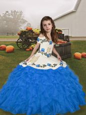 Elegant Blue Ball Gowns Straps Sleeveless Organza Floor Length Lace Up Embroidery and Ruffles Girls Pageant Dresses