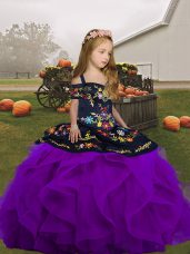 Beautiful Purple Straps Neckline Embroidery and Ruffles Pageant Dress Sleeveless Lace Up
