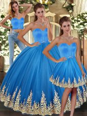 Glorious Baby Blue Tulle Lace Up Sweetheart Sleeveless Floor Length Sweet 16 Quinceanera Dress Embroidery