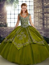 Pretty Floor Length Olive Green Quinceanera Gown Tulle Sleeveless Beading and Embroidery