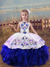 Royal Blue Ball Gowns Scoop Sleeveless Organza Floor Length Lace Up Embroidery and Ruffles Little Girl Pageant Gowns