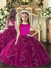 Fuchsia Lace Up Scoop Ruffles Little Girls Pageant Dress Wholesale Tulle Sleeveless
