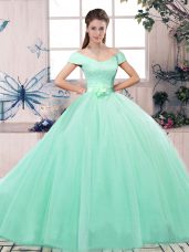 Apple Green Lace Up Vestidos de Quinceanera Lace and Hand Made Flower Short Sleeves Floor Length