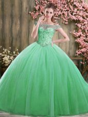 Green Tulle Lace Up Off The Shoulder Sleeveless Floor Length Quinceanera Dress Beading