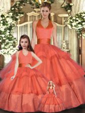 Sleeveless Floor Length Ruffled Layers Lace Up Quinceanera Gowns with Orange Red