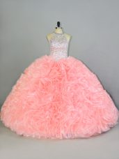 Captivating Peach Quince Ball Gowns Halter Top Sleeveless Lace Up
