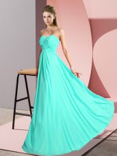 Turquoise Chiffon Lace Up Sweetheart Sleeveless Floor Length Ruching