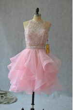 Sexy Baby Pink Two Pieces Halter Top Sleeveless Organza Mini Length Backless Beading and Ruffles Cocktail Dress