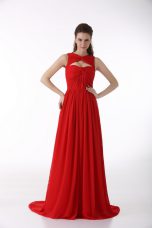Artistic Red Chiffon Zipper Sweetheart Sleeveless Dress for Prom Brush Train Ruching