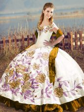 Brown Off The Shoulder Lace Up Embroidery and Ruffles Vestidos de Quinceanera Sleeveless