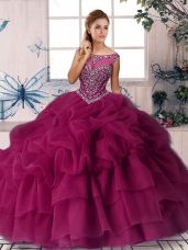 Modest Fuchsia Organza Zipper Ball Gown Prom Dress Sleeveless Brush Train Beading and Pick Ups
