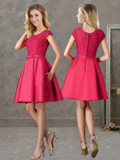 Elegant Red Zipper Scoop Lace Damas Dress Satin Short Sleeves