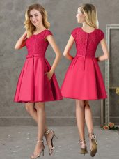 Elegant Red Zipper Scoop Lace Damas Dress Satin Short Sleeves