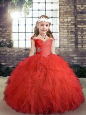 Floor Length Red Winning Pageant Gowns Tulle Sleeveless Beading and Ruffles
