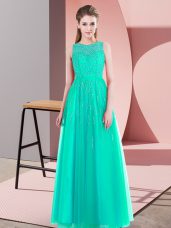 Customized Sleeveless Tulle Floor Length Side Zipper Party Dresses in Turquoise with Beading