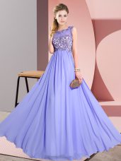 Lavender Backless Scoop Beading and Appliques Quinceanera Dama Dress Chiffon Sleeveless