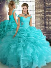 Top Selling Aqua Blue Sleeveless Beading and Ruffles and Pick Ups Floor Length Quince Ball Gowns