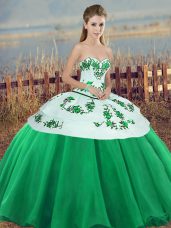 Sleeveless Tulle Floor Length Lace Up Quinceanera Dresses in Green with Embroidery and Bowknot