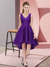 Purple V-neck Neckline Lace Bridesmaid Dresses Sleeveless Zipper
