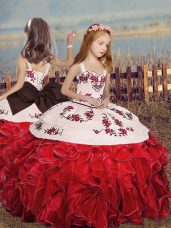 Floor Length Lace Up Child Pageant Dress Red for Party and Sweet 16 and Wedding Party with Embroidery and Ruffles