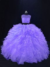 Lavender Sleeveless Floor Length Beading and Ruffles Zipper 15 Quinceanera Dress