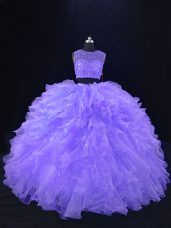 Lavender Sleeveless Floor Length Beading and Ruffles Zipper 15 Quinceanera Dress