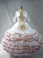 Sweetheart Sleeveless Ball Gown Prom Dress Floor Length Embroidery and Ruffled Layers White Organza