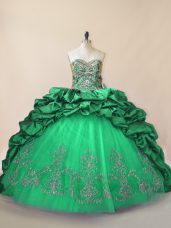 Spectacular Sweetheart Sleeveless Tulle Quince Ball Gowns Beading and Pick Ups Brush Train Lace Up