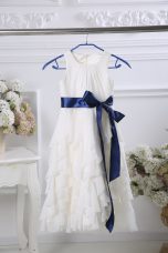 Shining White Scoop Neckline Ruffles and Belt Flower Girl Dresses Sleeveless Zipper