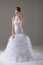 Beautiful White Organza Lace Up Bridal Gown Sleeveless Brush Train Beading and Ruffles