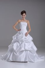 White Sleeveless Brush Train Beading and Pick Ups Wedding Dress