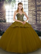 Exceptional Sleeveless Tulle Floor Length Lace Up Quinceanera Gown in Brown with Beading and Appliques