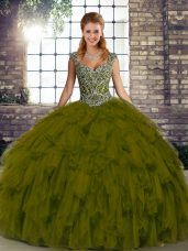 Straps Sleeveless Vestidos de Quinceanera Floor Length Beading and Ruffles Olive Green Organza