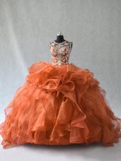 Comfortable Rust Red Organza Lace Up Scoop Sleeveless 15 Quinceanera Dress Beading and Ruffles