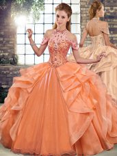 Sleeveless Organza Floor Length Lace Up Quinceanera Gowns in Orange with Beading and Ruffles