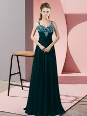 Peacock Green Empire Beading Prom Dress Zipper Chiffon Sleeveless Floor Length
