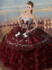 Embroidery and Ruffles Quinceanera Dresses Burgundy Lace Up Sleeveless Floor Length